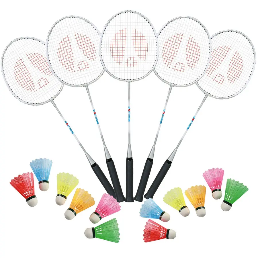 Badmintonsett School 10 racketer & 5 pk baller med farge 